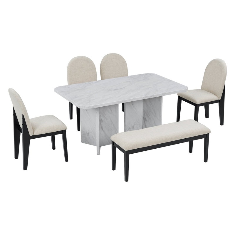 6-Piece Modern Style Dining Set with Faux Marble Table and 4 Upholstered Dining Chairs & 1 Bench (White)