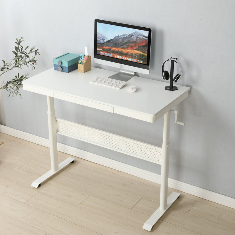 (White Tabletop) 48 x 24 InchesStanding Desk with Metal Drawer, Adjustable Height Stand up Desk, Sit Stand Home Office Desk, Ergonomic Workstation