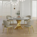 Luxury Round 59" Sintered Stone Dining Table With Stainless Steel Hourglass Base, Scratch & Heat Resistant Surface - Golden / White by HouseOfZazla