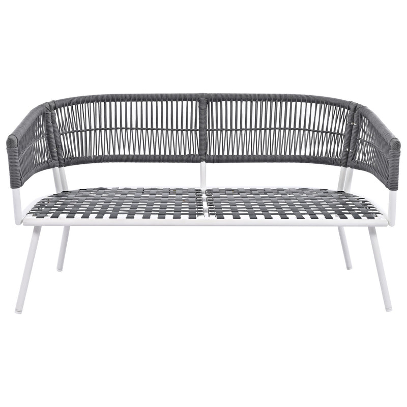 4-Piece Boho Rope Patio Furniture Set, Outdoor Furniture with Acacia Wood Table, Patio Conversation Set with Deep Seating & Thick Cushion for Backyard Porch Balcony, Grey