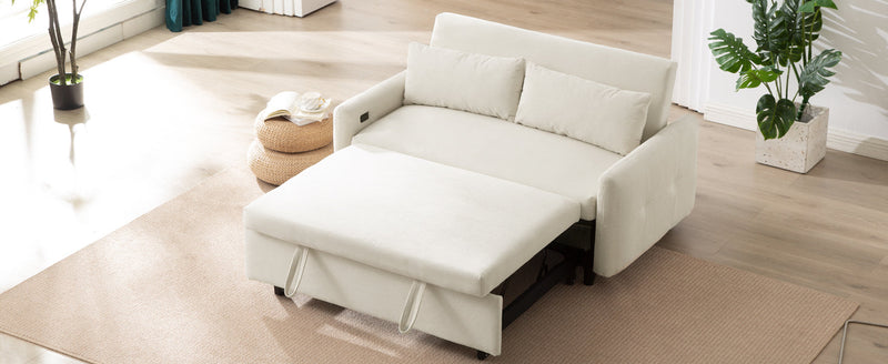 57.48" Pull-out Sofa Bed Convertible Couch 2 Seat Loveseat Sofa Modern Sleeper Sofa with Two Throw Pillows and USB Ports for Living Room, Beige