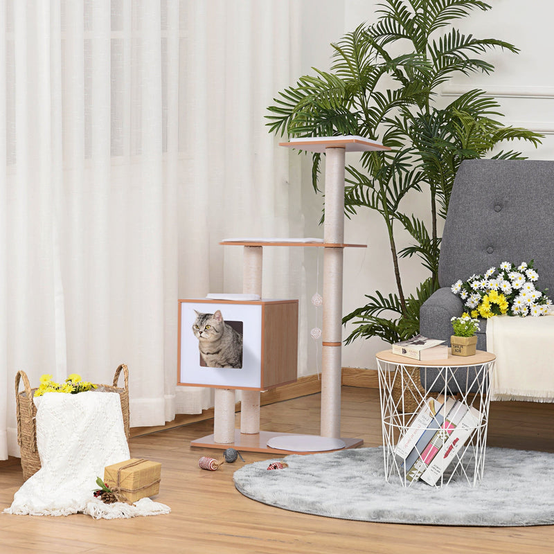 47"Modern Cat Tree Multi-Level Scratching Post With Cube Cave Enclosure - Oak Wood and White