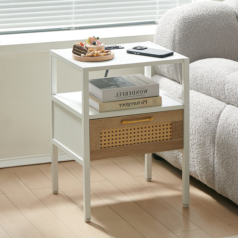 15.75" Rattan End table with Power Outlet & USB Ports, Modern nightstand with drawer and metal legs, side table for living room, bedroom,white(1 PC)