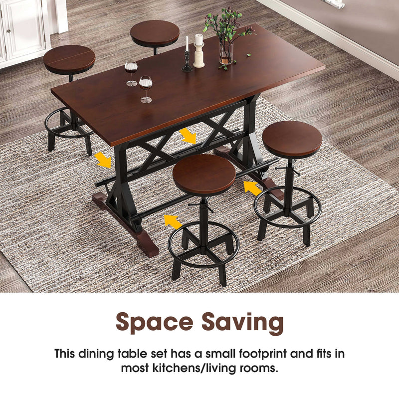 5-Piece Dining Table Set, 59" Wooden Sofa Side Table with Stabilizing Base, Rustic Brown Industrial Adjustable Height Chairs, Modern Bar Table and Chairs for Living Room, Dining Room, and Space Saving