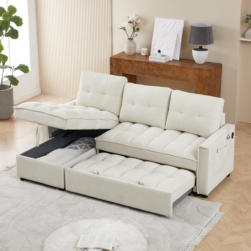 78.75" Reclining Sofa, Pull-Out Sofa Bed with USB and tape-c charging ports, L-Shaped Sectional Sofa with Reclining Storage and Arm Side Organizer Pocket Features, Living Room Comfort Sofa