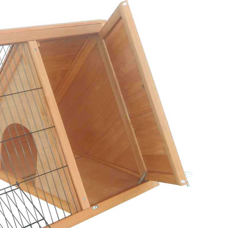 46" x 24" Wooden A-Frame Outdoor Rabbit Cage Small Animal Hutch with Outside Run & Ventilating Wire, Yellow
