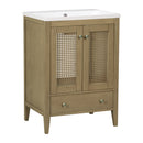 24" Bathroom Vanity with Ceramic Basin, Rattan Bathroom Storage Cabinet with Two Doors and Drawer, Solid Frame, Natural