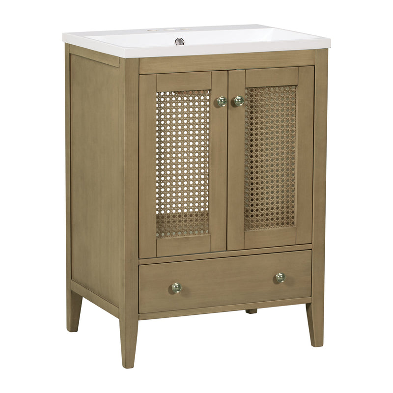 24" Bathroom Vanity with Ceramic Basin, Rattan Bathroom Storage Cabinet with Two Doors and Drawer, Solid Frame, Natural