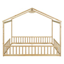 Double Twin House-Style Floor Bed with Fence, Guardrails, without door, Natural(Old Sku:W504P143318)
