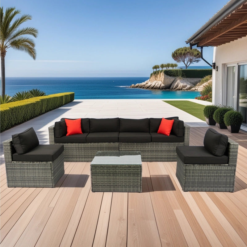 5 Pieces PE Rattan sectional Outdoor Furniture Cushioned U Sofa set with 2 Pillow Grey wicker + Black Cushion