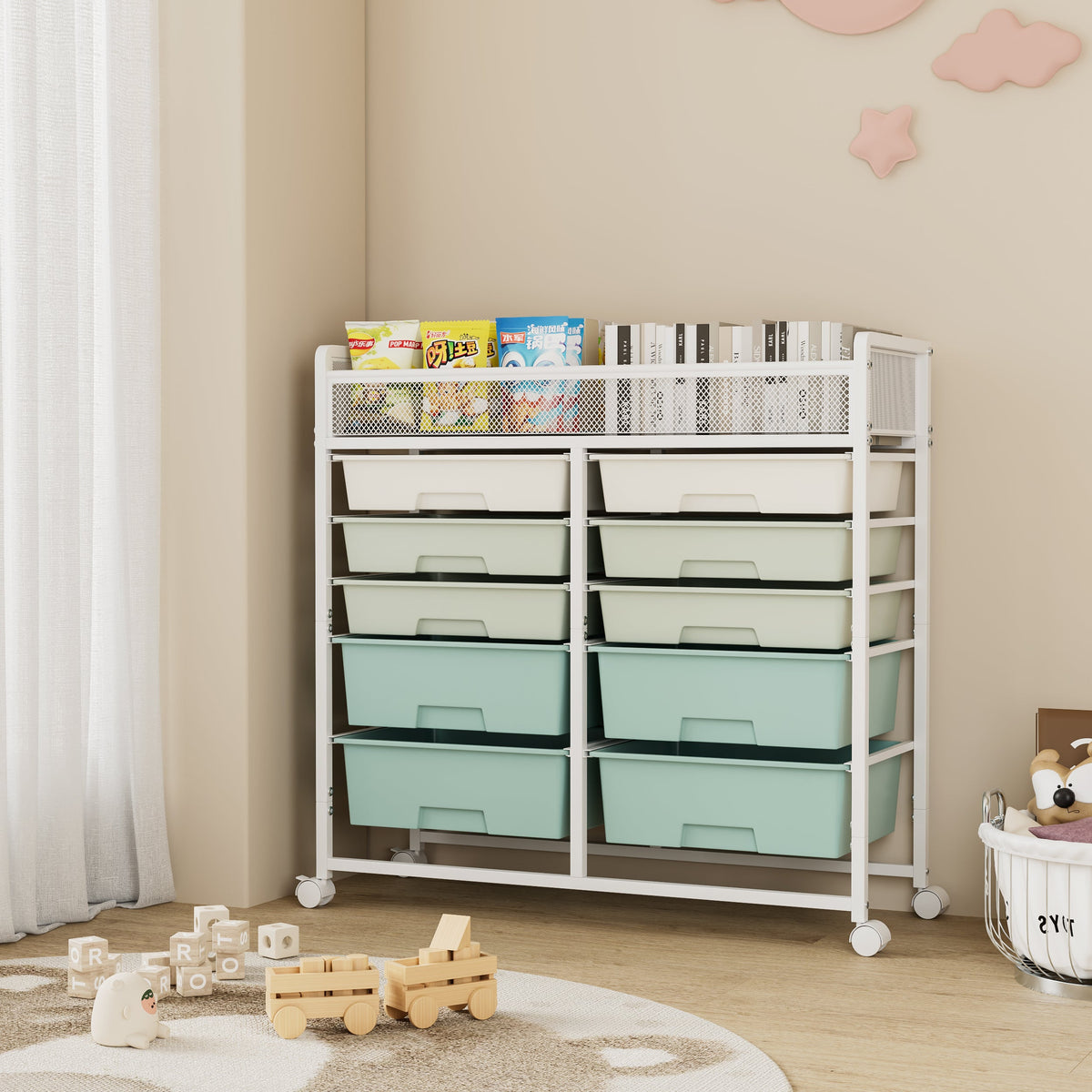 White Large Capacity 2-Row 10-Drawer Rolling Storage Cart, photo 3 of 10