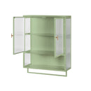 23.62"Glass Doors Modern Two-door Wall Cabinet with Featuring Two-tier Enclosed Storage, an Open Shelf, and Towel Rack, for Entryway Living Room Bathroom Dining Room,Green