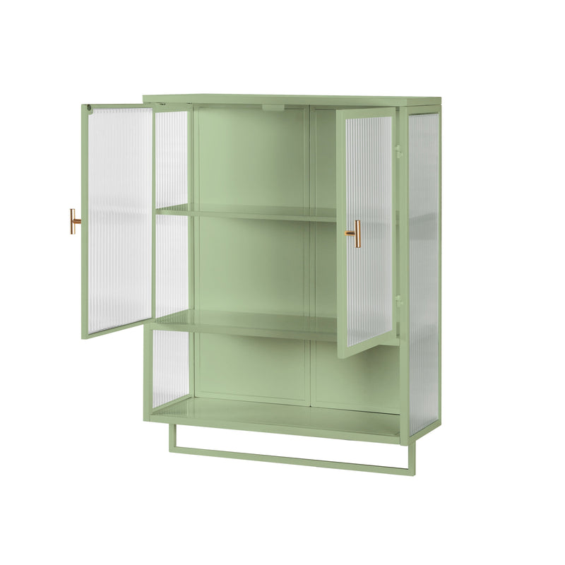 23.62"Glass Doors Modern Two-door Wall Cabinet with Featuring Two-tier Enclosed Storage, an Open Shelf, and Towel Rack, for Entryway Living Room Bathroom Dining Room,Green