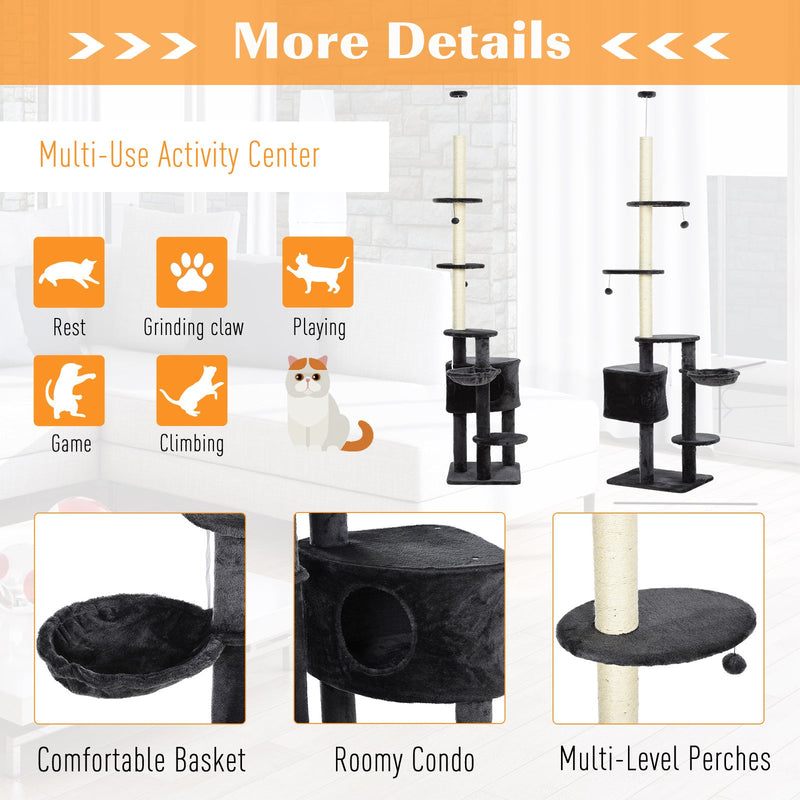 Adjustable Height Floor-To-Ceiling Vertical Cat Tree with Carpet Platforms, Condo & Rope Scratching Areas, Dark Grey