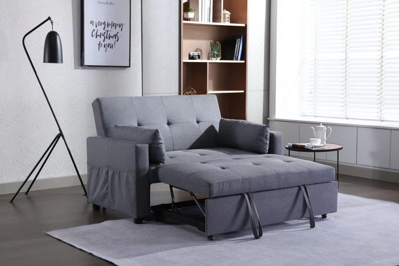 2 Seaters Slepper Sofa Bed.Dark Grey Linen Fabric 3-in-1 Convertible Sleeper Loveseat with Side Pocket.