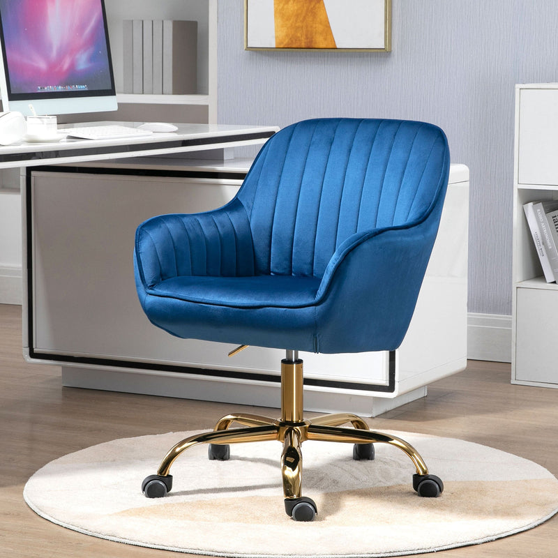 360 Dark Blue Velvet Swivel Chair With High Back, Adjustable Working Chair With Golden Color Base