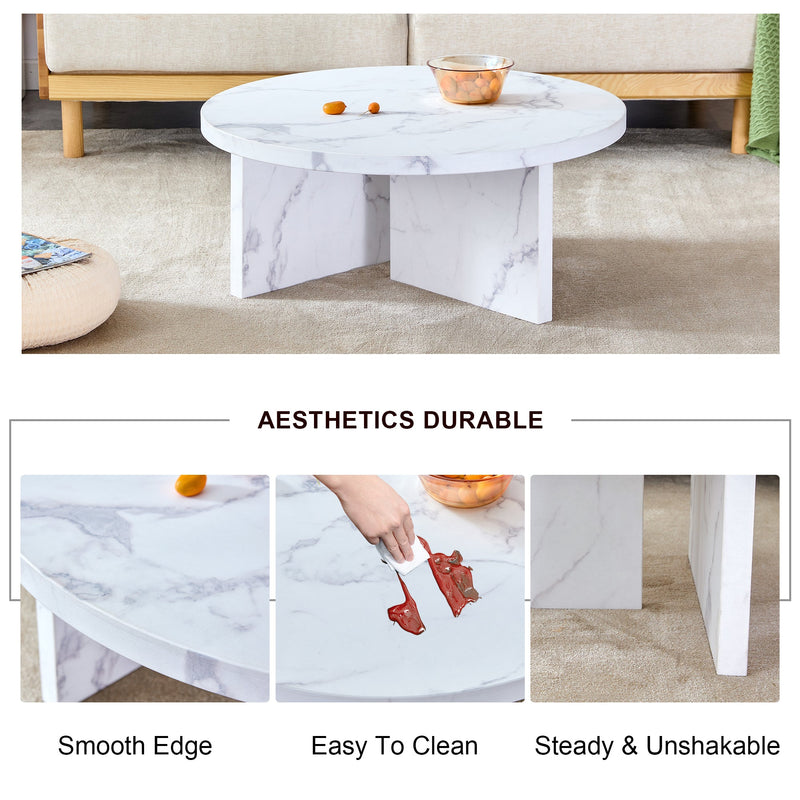 A white MDF material circular patterned coffee table, a 31.4-inch white center table, modern coffee table, suitable for small spaces and living rooms.