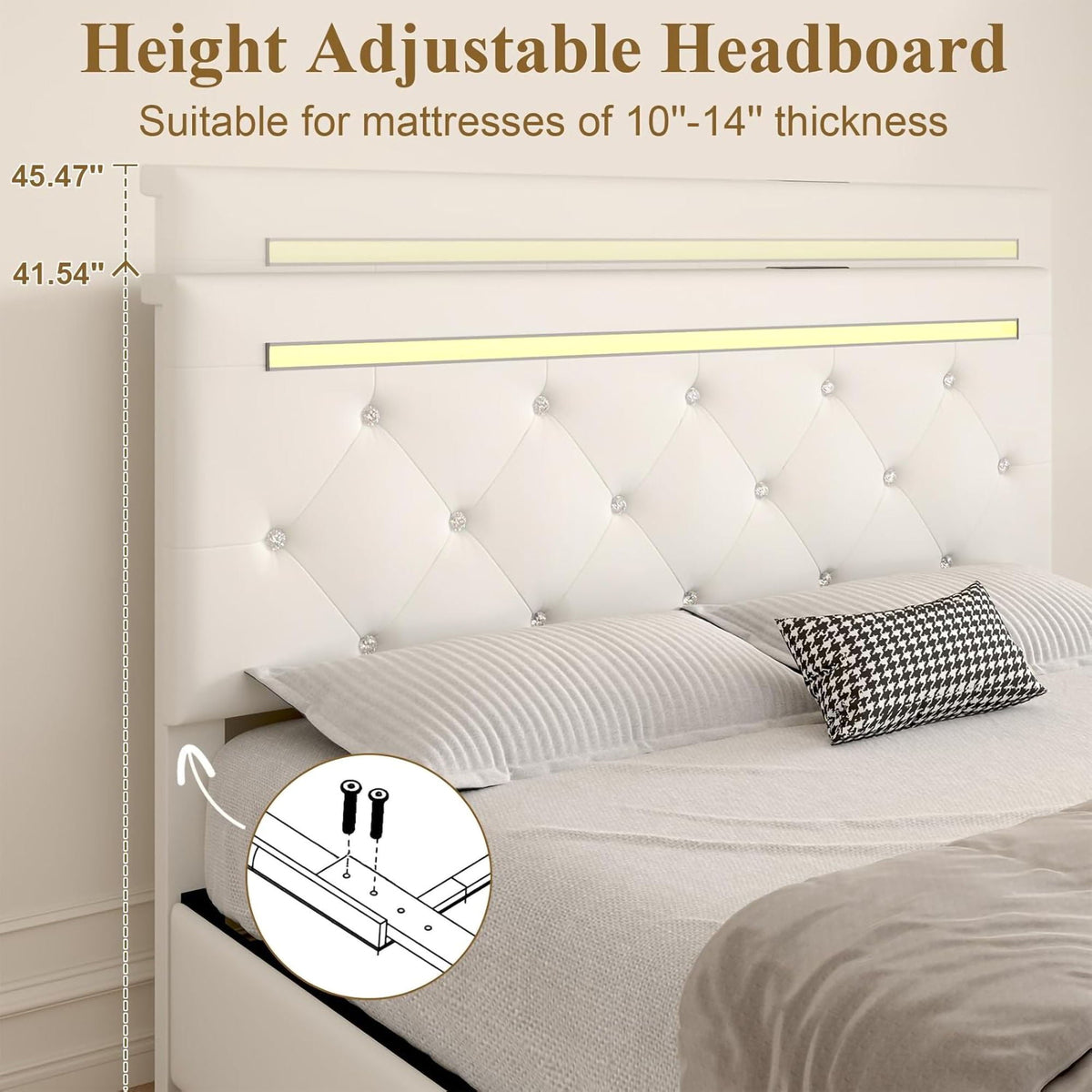 Upholstered Bed Frame With LED Lights, 4 Storage Drawers, Charging Station, photo 28 of 31