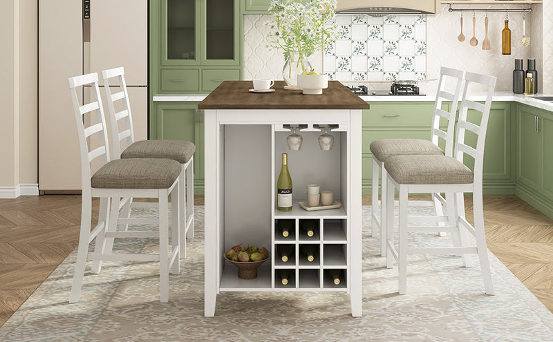 5-Piece Multi-Functional Rubber Wood Counter Height Dining Set with Padded Chairs and Integrated 9 Bar Wine Compartment, Wineglass Holders for Dining Room (Brown + White Wash)