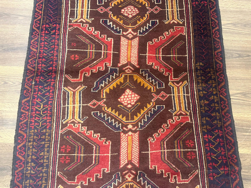 Afghan Rug 3x7, Maroon and Navy Blue, Balouch Carpet, Tribal Rug, New