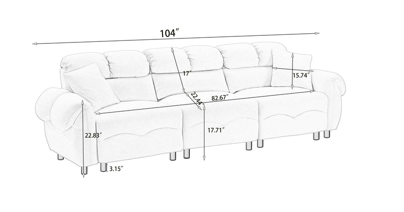 98 inches Cloud Velvet beige Sofa Cushion, spacious and comfortable 3-seater sofa for modern living room. beige
