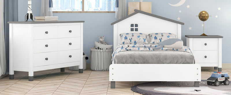 3-Pieces Bedroom Sets Twin Size Platform Bed with Nightstand and Storage dresser, White+Gray