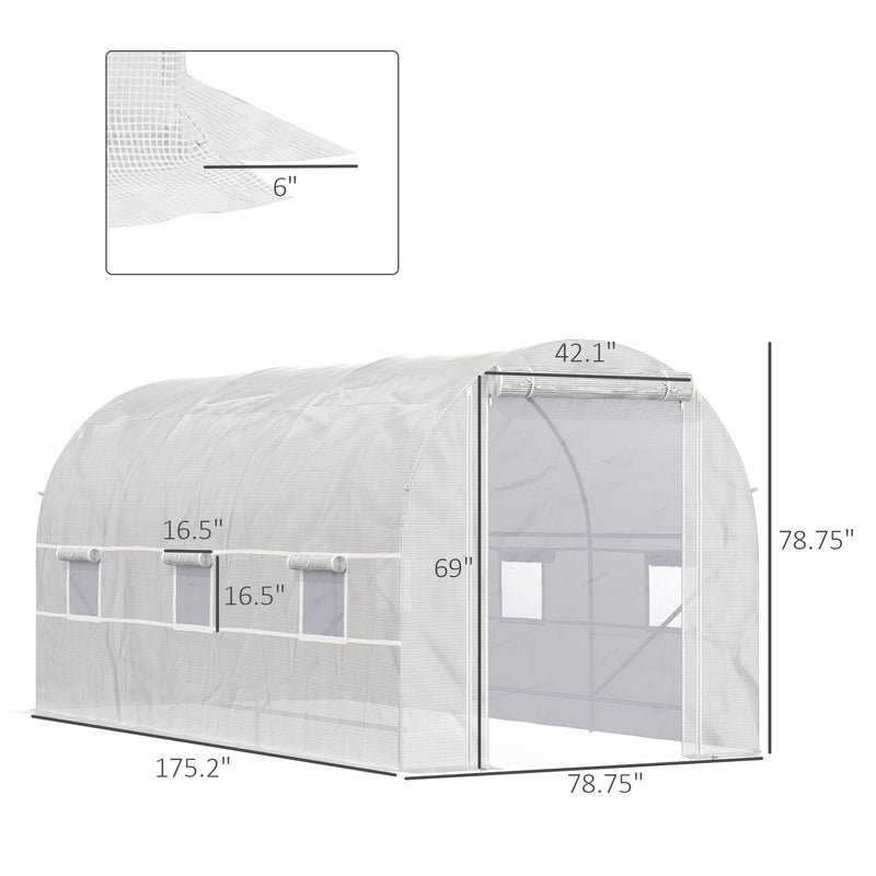 15' x 7' x 7' Walk-In Tunnel Greenhouse, Large Garden Hot House Kit with 6 Roll-up Windows & Roll Up Door, Steel Frame, White