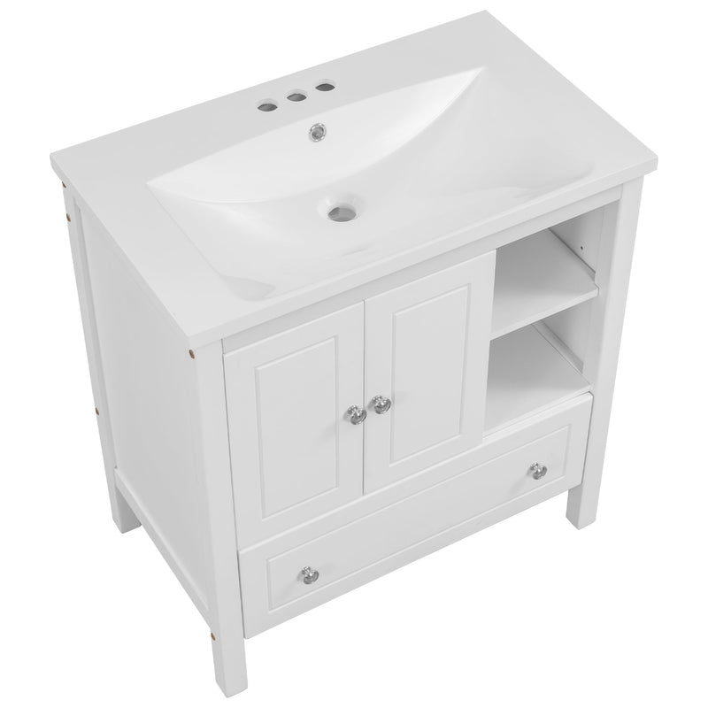 30" Bathroom Vanity with Sink, Bathroom Storage Cabinet with Doors and Drawers, Solid Wood Frame, Ceramic Sink, White
