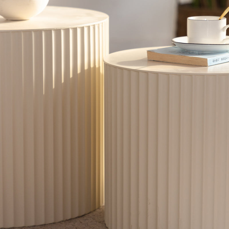 Beige Nesting Coffee Table Set of 2 Modern Drum Side Tables, photo 7 of 10