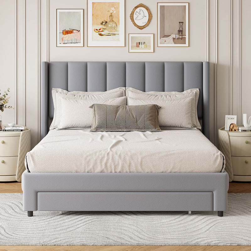 Walker Edison - Full Size Storage Bed Velvet Upholstered Platform Bed with a Big Drawer - Gray