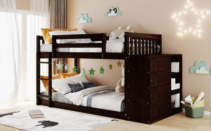 Twin over Twin Bunk Bed with 4 Drawers and 3 Shelves-Espresso