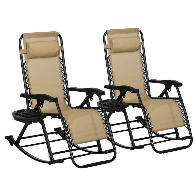 2 Pieces Outdoor Rocking Chairs, Foldable Reclining Zero Gravity Lounge Rocker with Pillow, Cup & Phone Holder, Combo Design with Folding Legs, Beige