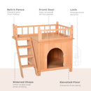 2-Level Wooden Cat House, Outdoor Dog Shelter Cat Condo with Lockable Wire Door and Balcony, Natural Wood