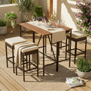 GO 5-Piece Outdoor Acacia Wood Bar Height Table And Four Stools With Cushions, Garden PE Rattan Wicker Dining Table, Foldable Tabletop, High-Dining Bistro Set, All-Weather Patio Furniture, Brown by Montret