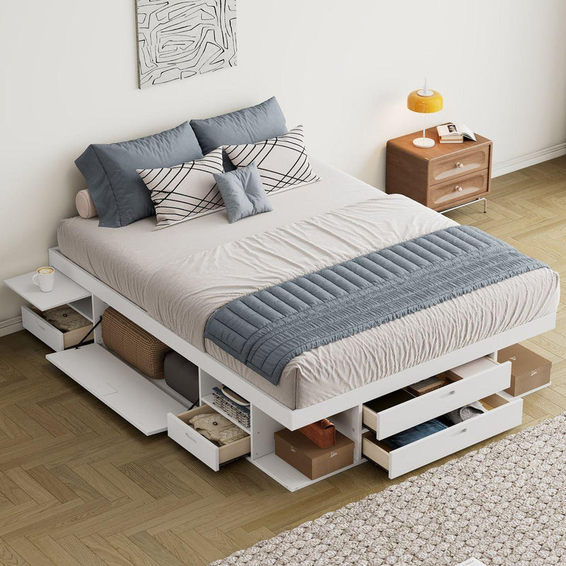 Storage Platform Bed Frame with Multiple Drawers and Shelves No Box Spring Needed, Queen Size,White