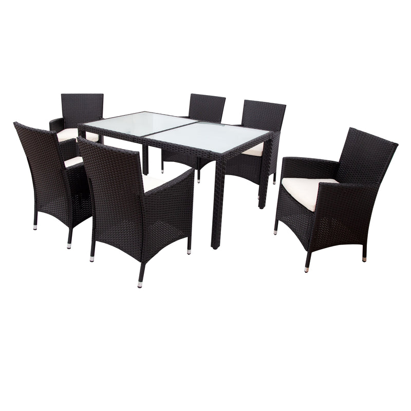 7-piece Outdoor Wicker Dining set - Dining table set for 7 - Patio Rattan Furniture Set with Beige Cushion (Black)