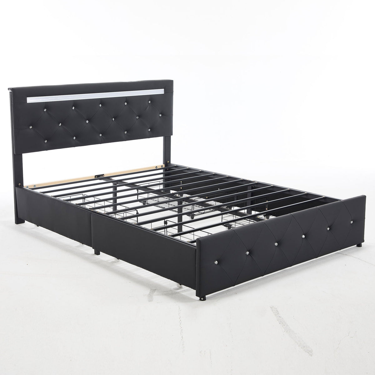 Upholstered Bed Frame With LED Lights, 4 Storage Drawers, Charging Station, photo 29 of 31