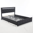 Upholstered Bed Frame With LED Lights, 4 Storage Drawers, Charging Station