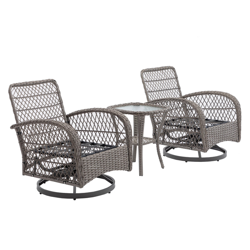 3 Pieces Outdoor Swivel Rocker Patio Chairs, 360 Degree Rocking Patio Conversation Set with Thickened Cushions and Glass Coffee Table for Backyard, Grey