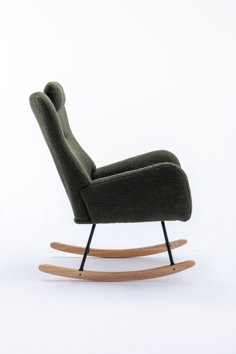 35.5 inch Rocking Chair, Soft Teddy Velvet Fabric Rocking Chair for Nursery, Comfy Wingback Glider Rocker with Safe Solid Wood Base for Living Room Bedroom Balcony (dark green)