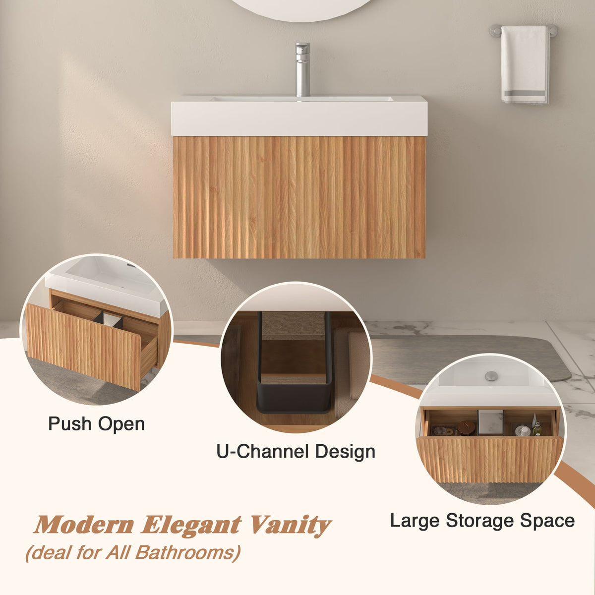 30" Bathroom Vanity with Sink - Wall Mounted Floating Cabinet, photo 9 of 10