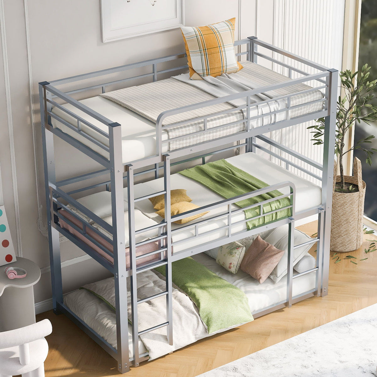 Triple Bunk Bed With Sturdy Construction And Space Saving Design, photo 14 of 16