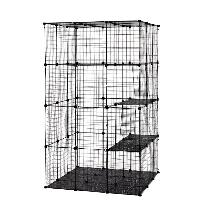 3-Tier Wire Cat Cage, Large Kennels Playpen with 3 Platforms, 3 Ramp Ladders and 4 Doors, Black