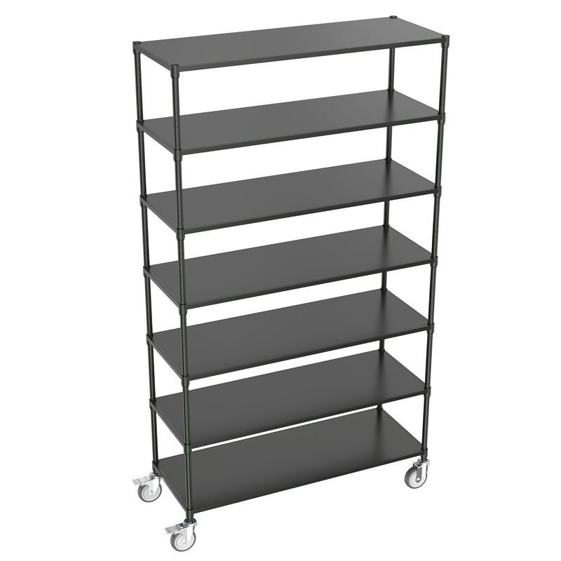 7 Tier Standing Shelf Units, 2800 LBS NSF Height Adjustable Metal Garage Storage Shelves with Wheels, Heavy Duty Storage Rack Metal Shelves - Black - 7T-2800LBS-BLACK