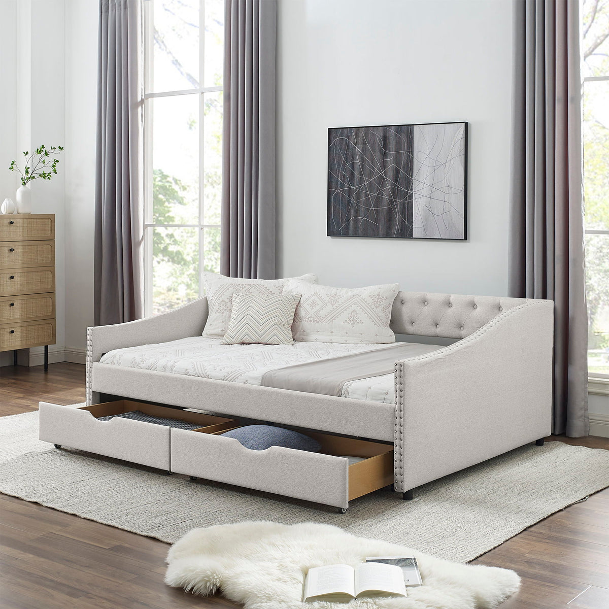 Upholstered Tufted Daybed With Drawers, Waved Arms, photo 25 of 27
