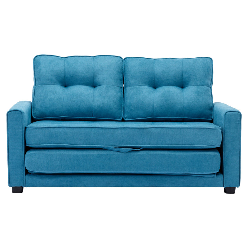 59.4" Loveseat Sofa with Pull-Out Bed Modern Upholstered Couch with Side Pocket for Living Room Office, Blue