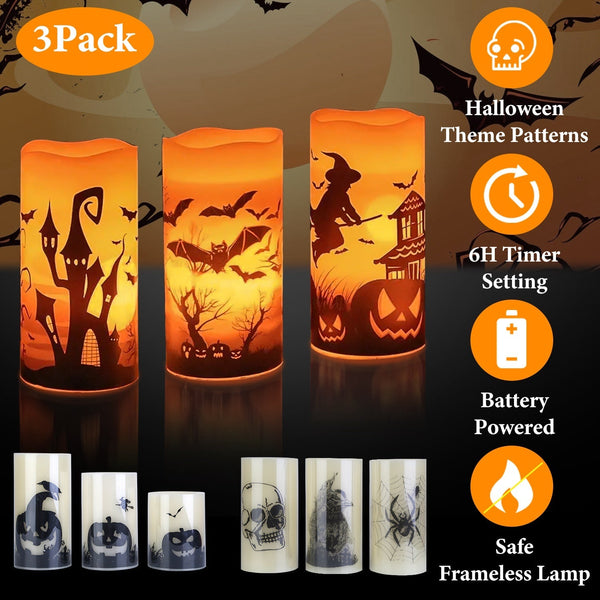 3 Pack Halloween Flameless Candle Lamp with Timer Setting Battery Operated Warm Orange Light Candles for Halloween Party Decoration Witch Bat Castle, photo 2 of 8