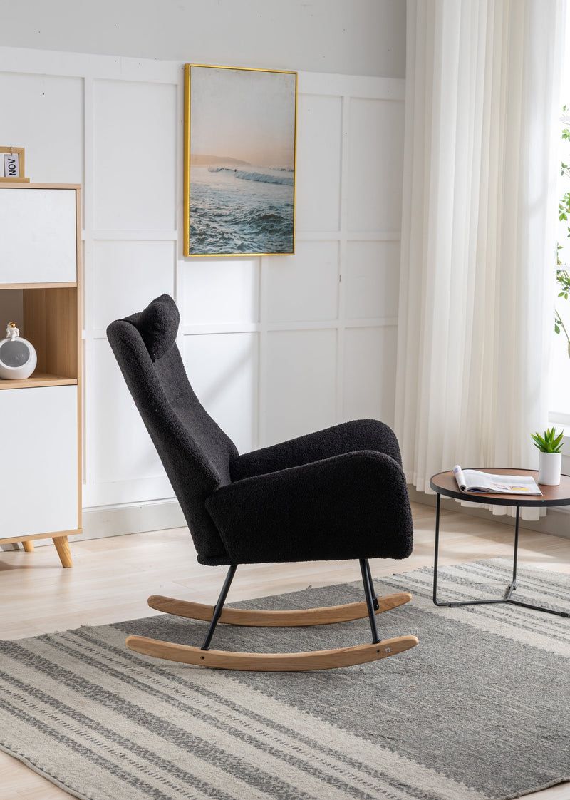 35.5 inch Rocking Chair, Soft Teddy Velvet Fabric Rocking Chair for Nursery, Comfy Wingback Glider Rocker with Safe Solid Wood Base for Living Room Bedroom Balcony (dark grey)