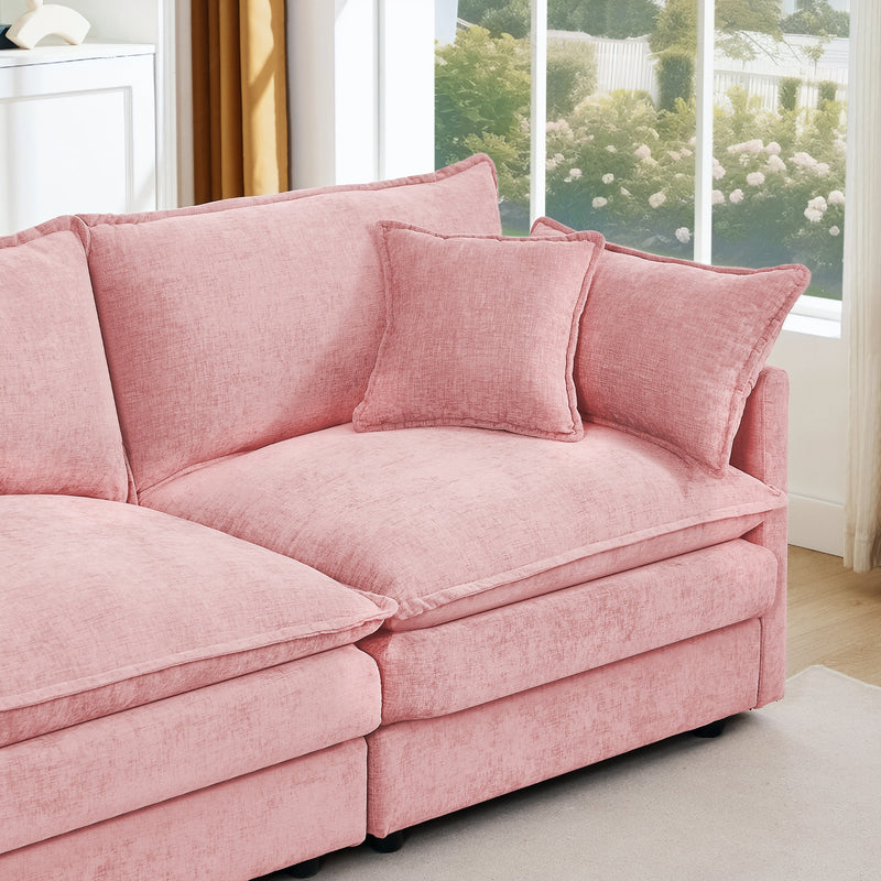 Contemporary Modular Sectional Sofa L Shaped 3-Seater with Movable Ottoman in Pink Chenille, 105 Inch