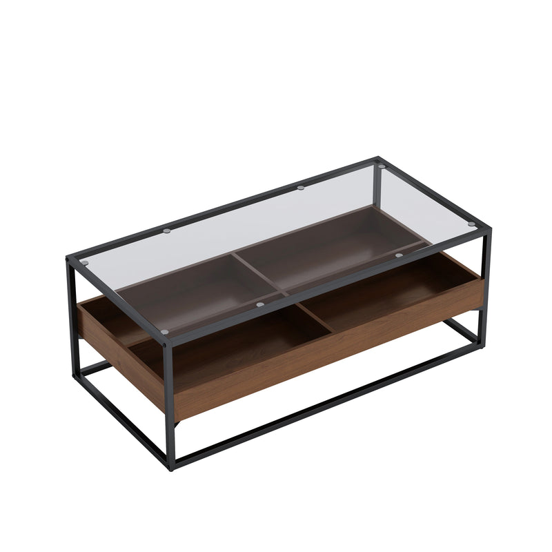 47.24"Rectangle Glass Coffee Table with storage shelf and metal table legs, Home Furniture for Living Room